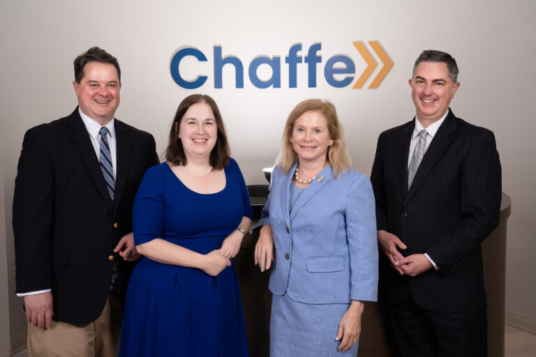 A group photo of Chaffe’s Business Valuation Team: Mr. Riley Busenlener CPA, ABV, ASA, AEP, JD, Vice President; Ms. Nene Glenn Gianfala CPA, ABV, ASA-BV/IA, Senior Vice President; Ms. Vanessa Brown Claiborne CPA, ABV, ASA, AEP, President & CEO; and Mr. Marc Katsanis ABV, CPVA, CFA, Senior Vice President